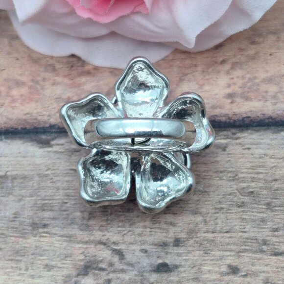 Silver Tone & Pink Enamel Large Statement Flower Ring Size 7 Fashion Cocktail - Picture 4 of 8